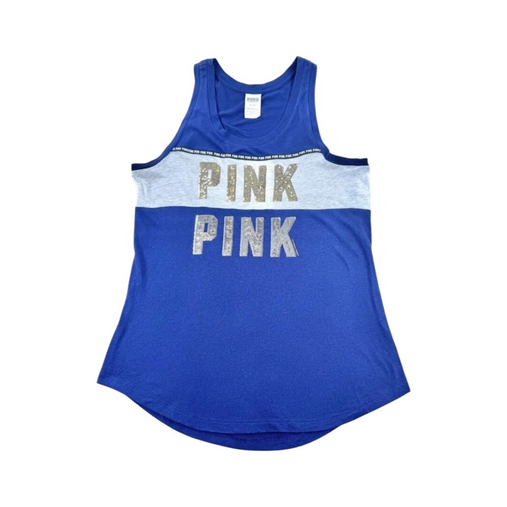 Victoria's Secret PINK Tank Top - Size Large, Blue & Gray with Gold Foil Logo